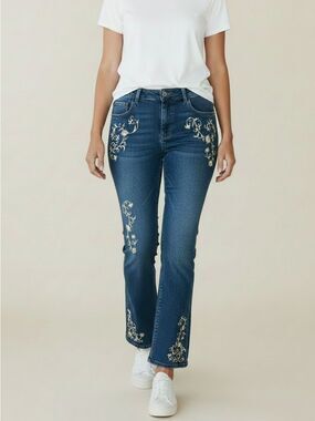 Cache Gold Embroidered Boot Cut Blue denim Jeans Size 10